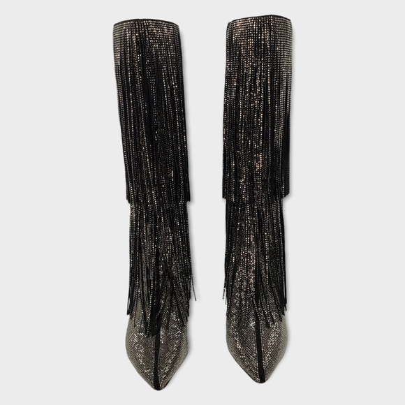 INC Ishani Bling Rhinostones Beaded Fringe Pointed Toe Knee-High Tall Boots Blac - Picture 9 of 12